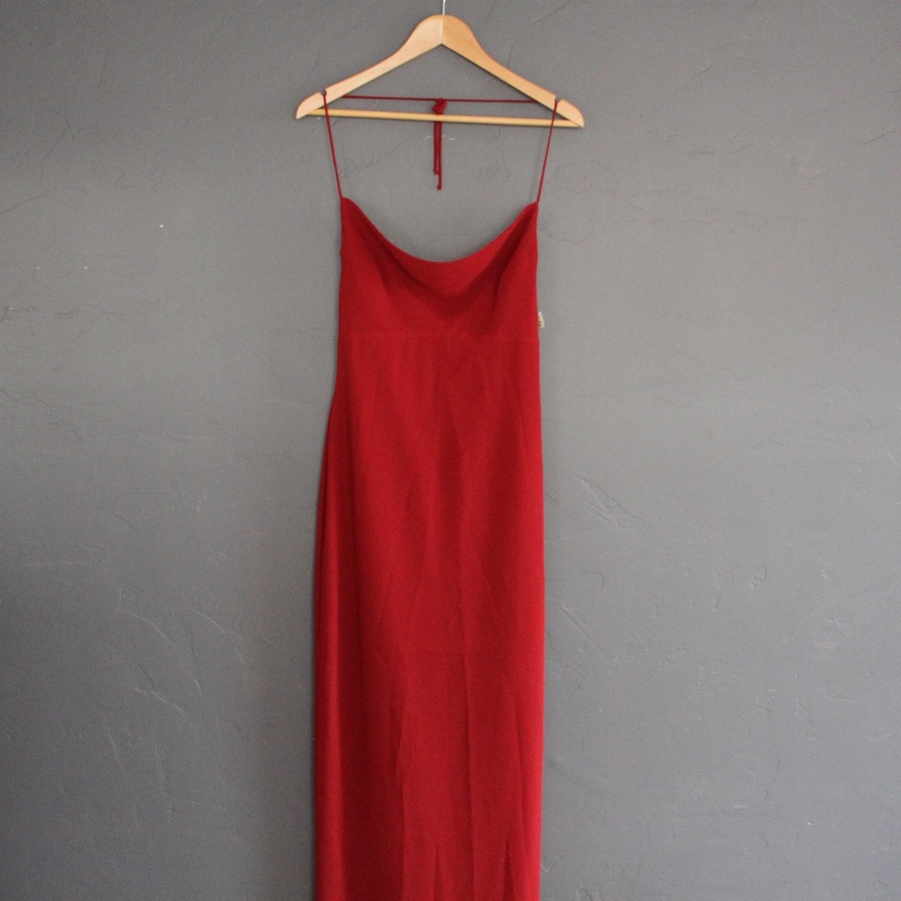 Red cowl neck chiffon halter gown